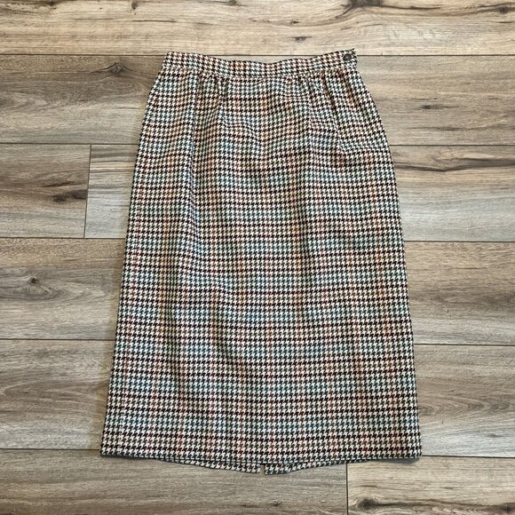 Pendleton Pencil Midi Skirt SZ 10 Tan Multi Houndstooth 100% Wool Vintage - Picture 1 of 11